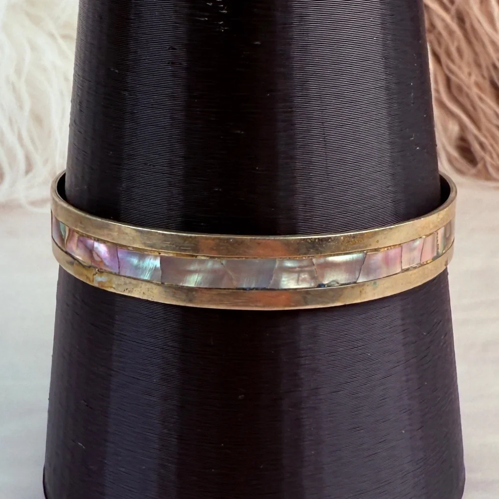 Vintage Boho Chic Oxidized Silvertone Abalone Mexico Stacking Bangle Bracelet